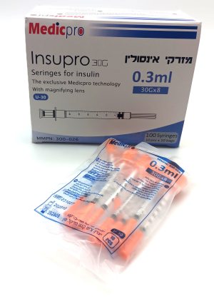 מזרק אינסולין 0.3 מ"ל מחט קבועה 100 30G X 8M יח' מדיקפרו